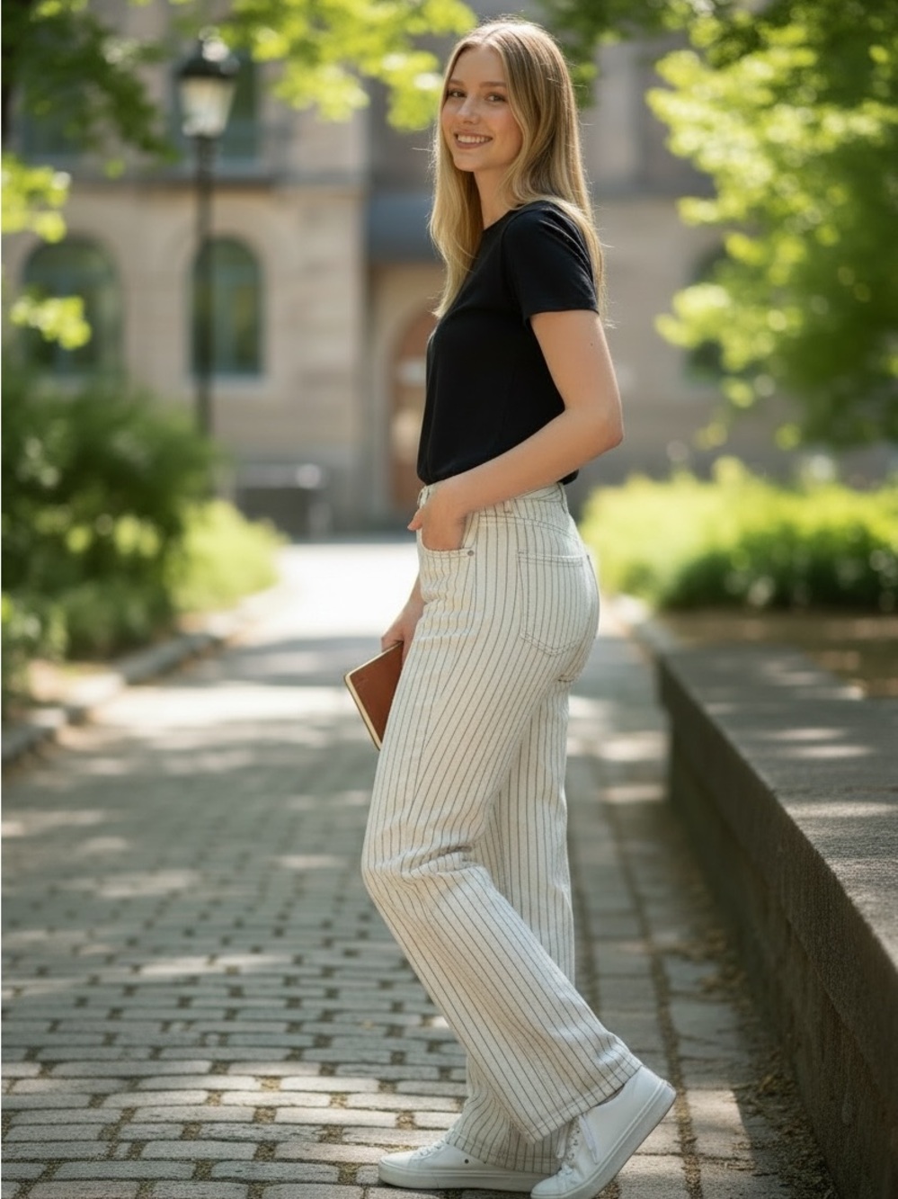 Zara Navy and Cream Pinstripe Straight Leg Jeans